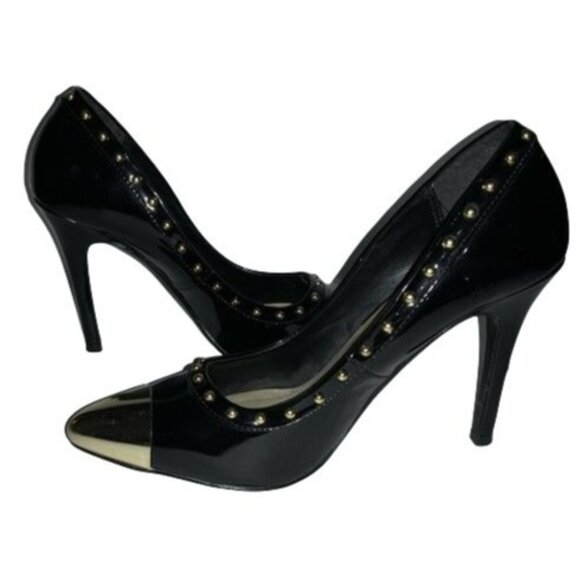 Black Patent Leather Pointed-Toe Heels With Gold Studded Trim & Metallic Cap Toe - Picture 3 of 5